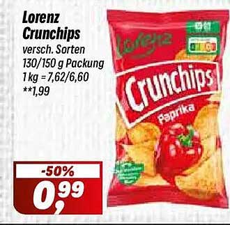 Lorenz Crunchips versch. Sorten 130/150 g Packung 1 kg = 7,62/6,60 **1,99