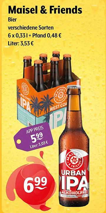 Maisel & Friends Bier verschiedene Sorten 6 x 0,33l + Pfand 0,48 € Liter: 3,53 €