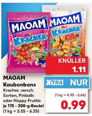 MAOAM Kaubonbons Kracher, versch. Sorten, Pinballs oder Happy Fruttis je 175 - 200-g-Beutel (1 kg = 5.55 - 6.35)