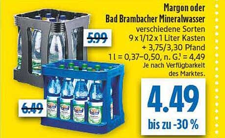 Margon oder Bad Brambacher Mineralwasser verschiedene Sorten 9 x 1/2 x 1 Liter Kasten + 3,75/3,30 Pfand