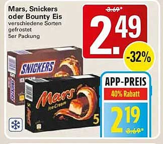 Mars, Snickers oder Bounty Eis verschiedene Sorten gefrostet 5er Packung