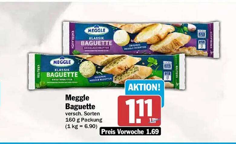 Meggle Baguette versch. Sorten 160 g Packung (1 kg = 6.90)