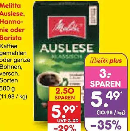 Melitta Auslese, Harmony oder Barista Kaffee gemahlen oder ganze Bohnen, versch. Sorten 500 g (11.98 / kg)