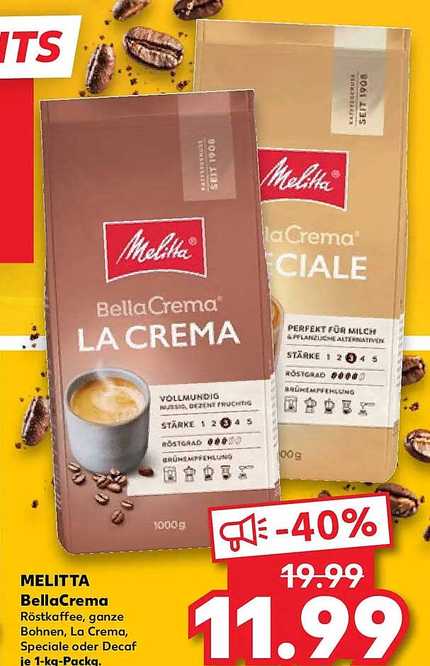 MELITTA BellaCrema Röstkaffee, ganze Bohnen, La Crema, Speciale oder Decaf je 1-kg-Packg.