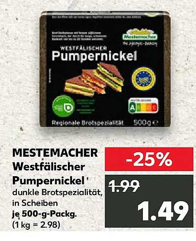 MESTEMACHER Westfälischer Pumpernickel dunkle Brotspezialität, in Scheiben je 500-g-Packg. (1 kg = 2,98)