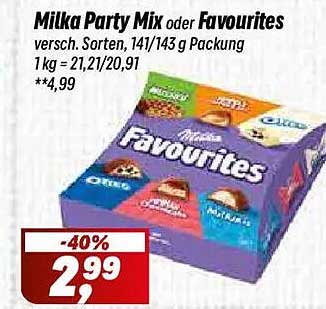 Milka Party Mix oder Favourites versch. Sorten, 141/143 g Packung 1 kg = 21,21/20,91 **4,99