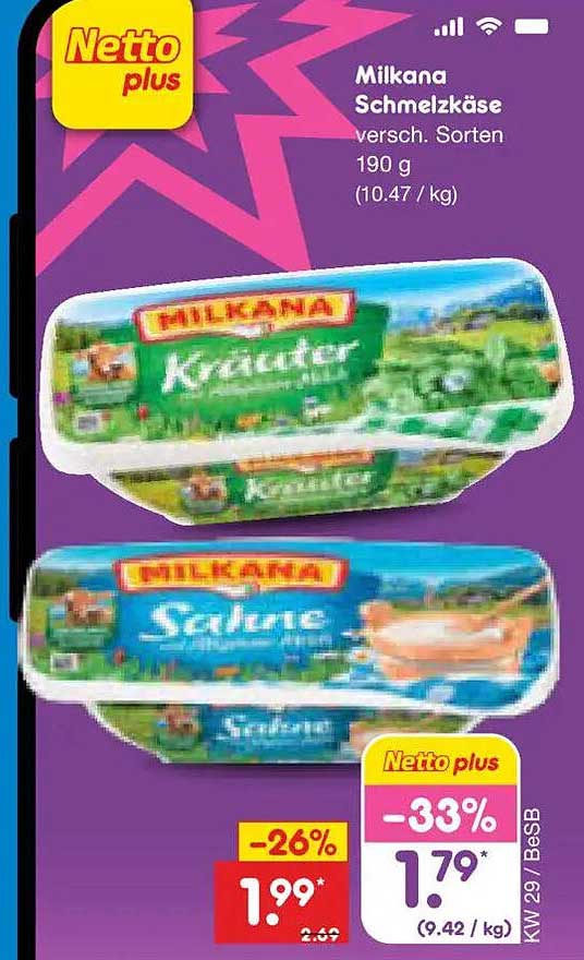 Milkana Schmelzkäse versch. Sorten 190 g (10.47 / kg)