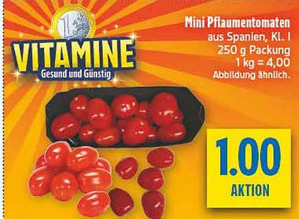Mini Pflaumentomaten aus Spanien, Kl. I, 250 g Packung 1 kg = 4,00 Abbildung ähnlich.