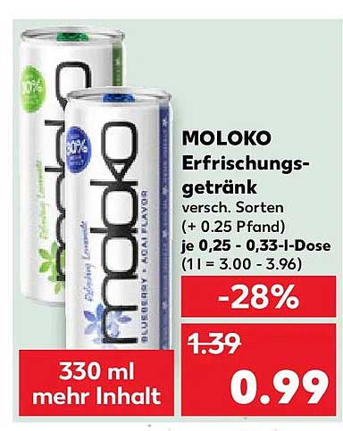 MOLOKO Erfrischungsgetränk versch. Sorten (+ 0.25 Pfand) je 0,25 - 0,33-l-Dose (1 l = 3.00 - 3.96)