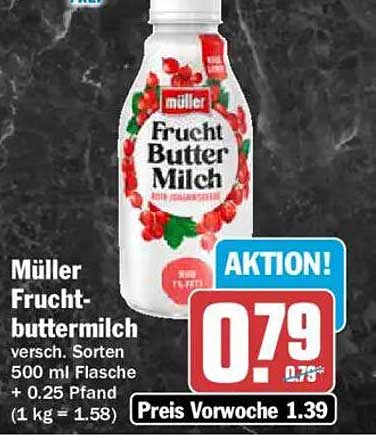 Müller Frucht-Buttermilch versch. Sorten 500 ml Flasche + 0.25 Pfand (1 kg = 1.58)