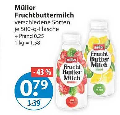 Müller Fruchtbuttermilch verschiedene Sorten je 500-g-Flasche + Pfand 0.25 1 kg = 1.58