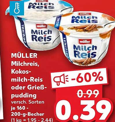 MÜLLER Milchreis, Kokos-milch-Reis oder Grießpudding versch. Sorten je 160 - 200-g-Becher