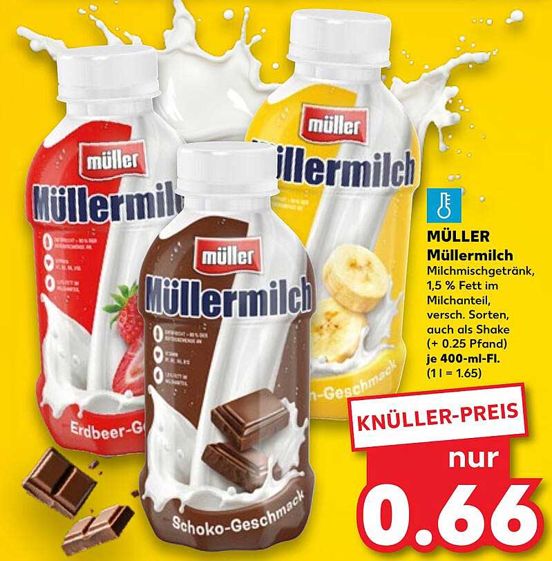MÜLLER Müllermilch Milchmischgetränk, 1,5 % Fett im Milchanteil, versch. Sorten, auch als Shake (+ 0.25 Pfand) je 400-ml-Fl. (1 l = 1.65)