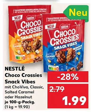NESTLÉ Choco Crossies Snack Vibes mit ChoViva, Classic, Salted Caramel oder Hazelnut je 100-g-Packg. (1 kg = 19,90)