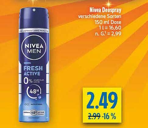 Nivea Deo spray verschiedene Sorten 150 ml Dose 1 l = 16,60 n. G. = 2,99