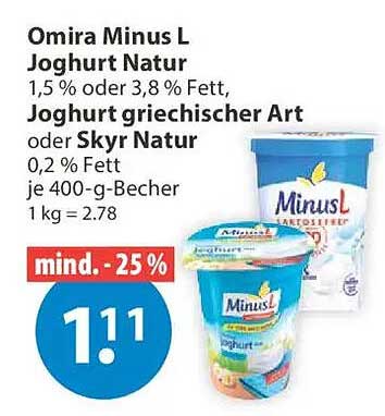 Omira Minus L Joghurt Natur, Joghurt griechischer Art oder Skyr Natur