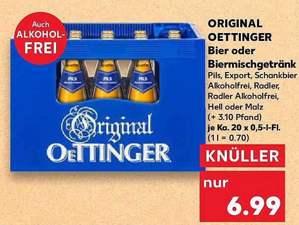 ORIGINAL OETTINGER Bier oder Biermischgetränk Pils, Export, Schankbier Alkoholfrei, Radler, Radler Alkoholfrei, Hell oder Malz (+ 3.10 Pfand) je Ka. 20 x 0,5-l-Fl. (1 l = 0.70)
