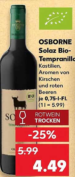 OSBORNE Solaz Bio-Tempranillo Kastilien, Aromen von Kirschen und roten Beeren je 0,75-l-Fl. (1 l = 5.99)