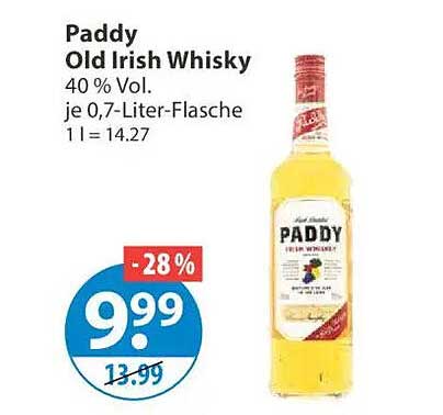 Paddy Old Irish Whisky 40 % Vol. je 0,7-Liter-Flasche 1 l = 14.27