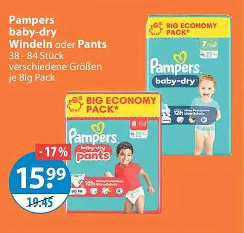Pampers baby-dry Windeln oder Pants 38 - 84 Stück verschiedene Größen je Big Pack