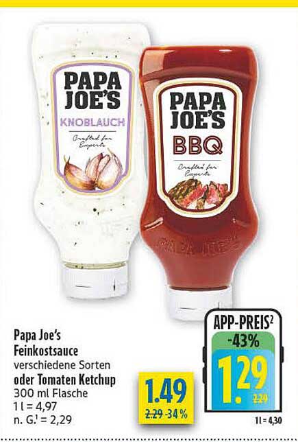 Papa Joe’s Feinkostsauce verschiedene Sorten oder Tomaten Ketchup 300 ml Flasche