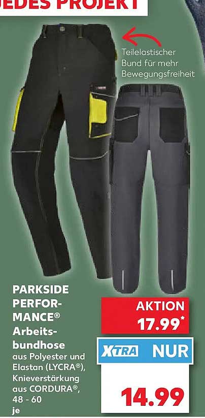PARKSIDE PERFORMANCE® Arbeitshose aus Polyester und Elasthan (LYCRA®), Knieverstärkung aus CORDURA®, 48 - 60 je