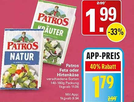Patros Feta oder Hirtenkäse verschiedene Sorten 140-180g Packung 1kg=ab 11.06