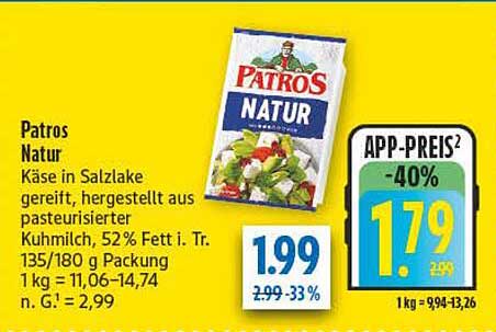 Patros Natur Käse in Salzlake gereift, hergestellt aus pasteurisierter Kuhmilch, 52% Fett i. Tr. 135/180 g Packung