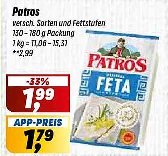 Patros versch. Sorten und Fettstufen 130–180 g Packung 1 kg = 11,06–15,31 **2,99