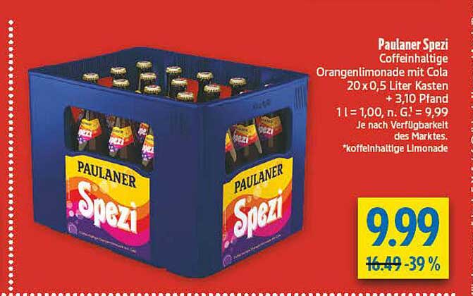 Paulaner Spezi Coffeinhaltige Orangenlimonade mit Cola 20 x 0,5 Liter Kasten + 3,10 Pfand