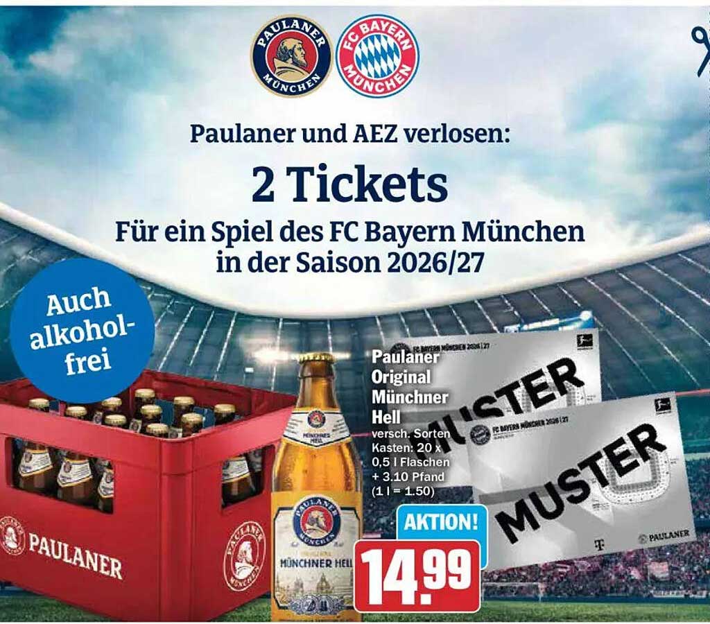 Paulaner und AEZ verlosen: 2 Tickets Für ein Spiel des FC Bayern München in der Saison 2026/27