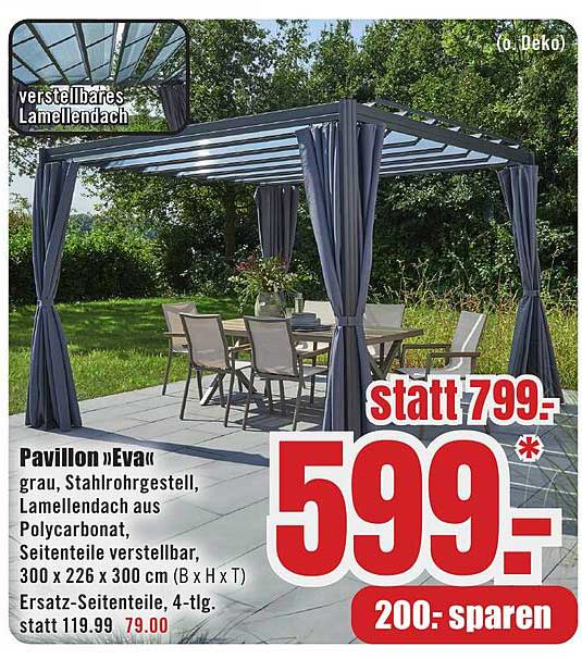 Pavillon »Eva« grau, Stahlrohrgestell, Lamellendach aus Polycarbonat, Seitenteile verstellbar, 300 x 300 x 200 cm (B x H x T), Ersatz-Seitenteile, 4-tlg.