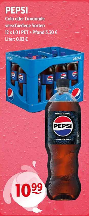 PEPSI Cola oder Limonade verschiedene Sorten 12 x 1,0 l PET + Pfand 3,30 € Liter: 0,92 €