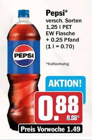 Pepsi* versch. Sorten 1,25 l PET EW Flasche + 0.25 Pfand (1 l = 0.70) *Koffeinhaltig