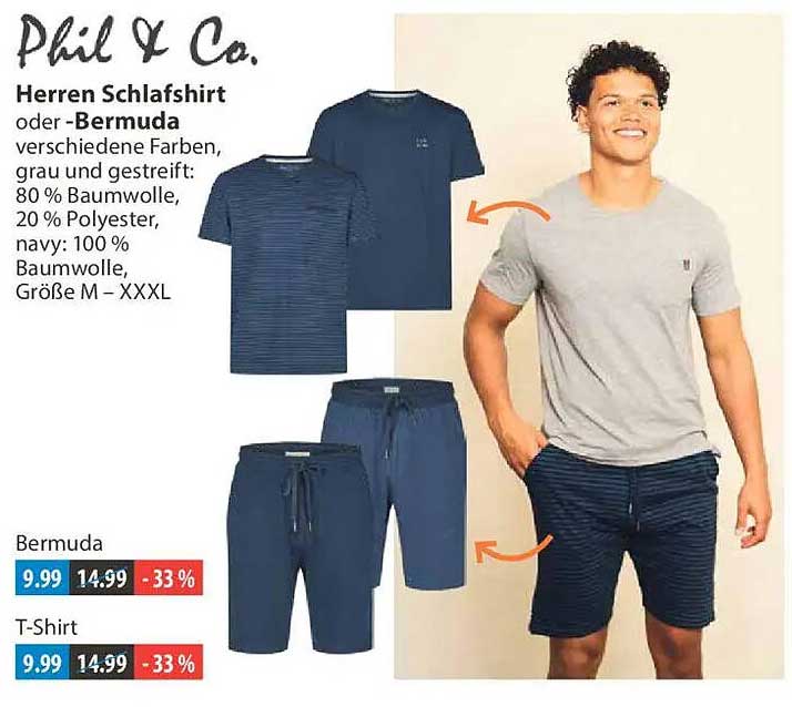 Phil & Co. Herren Schlafshirt oder -Bermuda