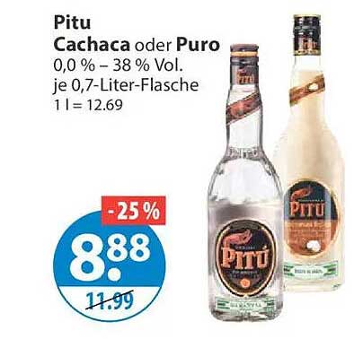 Pitu Cachaca oder Puro 0,0 % – 38 % Vol. je 0,7-Liter-Flasche 1 l = 12.69