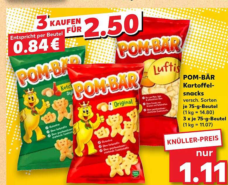 POM-BÄR Kartoffelsnacks versch. Sorten je 75-g-Beutel (1 kg = 14.80) 3 x je 75-g-Beutel (1 kg = 11.07)
