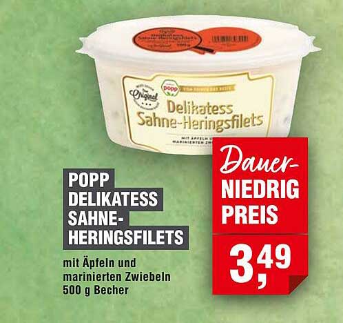 POPP DELIKATESS SAHNE-HERINGSFILETS mit Äpfeln und marinierten Zwiebeln 500 g Becher