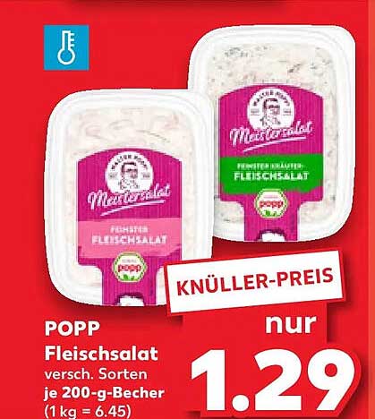 POPP Fleischsalat versch. Sorten je 200-g-Becher (1 kg = 6.45)