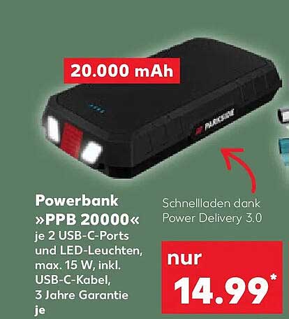 Powerbank »PPB 2000« je 2 USB-C-Ports und LED-Leuchten, max. 15 W, inkl. USB-C-Kabel, 3 Jahre Garantie je