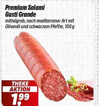Premium Salami Gusto Grande mittelgrob, nach mediterraner Art mit Olivenöl und schwarzem Pfeffer, 100 g