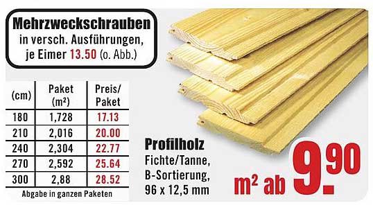 Profilholz Fichte/Tanne, B-Sortierung, 96 x 12,5 mm