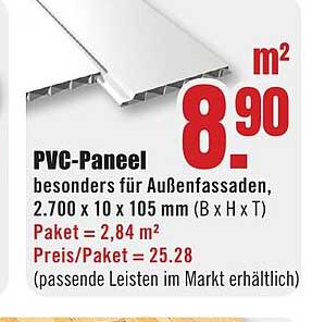 PVC-Panel besonders für Außenfassaden, 2.700 x 10 x 105 mm (B x H x T) Paket = 2,84 m² Preis/Paket = 25.28 (passende Leisten im Markt erhältlich)