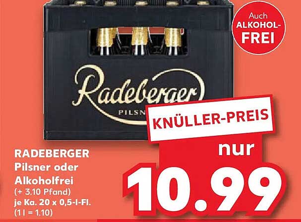 RADEBERGER Pilsner oder Alkoholfrei (+ 3.10 Pfand) je Ka. 20 x 0,5-I-Fl. (1l = 1,10)