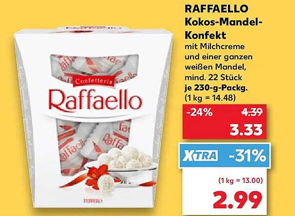 RAFFAELLO Kokos-Mandel-Konfekt mit Milchcreme und einer ganzen weißen Mandel, mind. 22 Stück je 230-g-Packg.