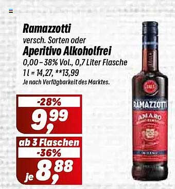 Ramazzotti versch. Sorten oder Aperitivo Alkoholfrei 0,00 - 38% Vol., 0,7 Liter Flasche 1 l = 14,27 *13,99 Je nach Verfügbarkeit des Marktes.