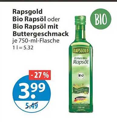 Rapsgold Bio Rapsöl oder Bio Rapsöl mit Buttergeschmack je 750-ml-Flasche