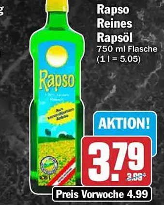Rapso Reines Rapsöl 750 ml Flasche (1 l = 5.05)