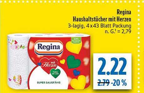 Regina Haushaltstücher mit Herzen 3-lagig, 4 x 43 Blatt Packung