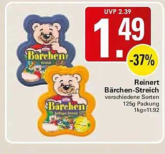 Reinert Bärchen-Streich verschiedene Sorten 125g Packung 1kg=11.92
